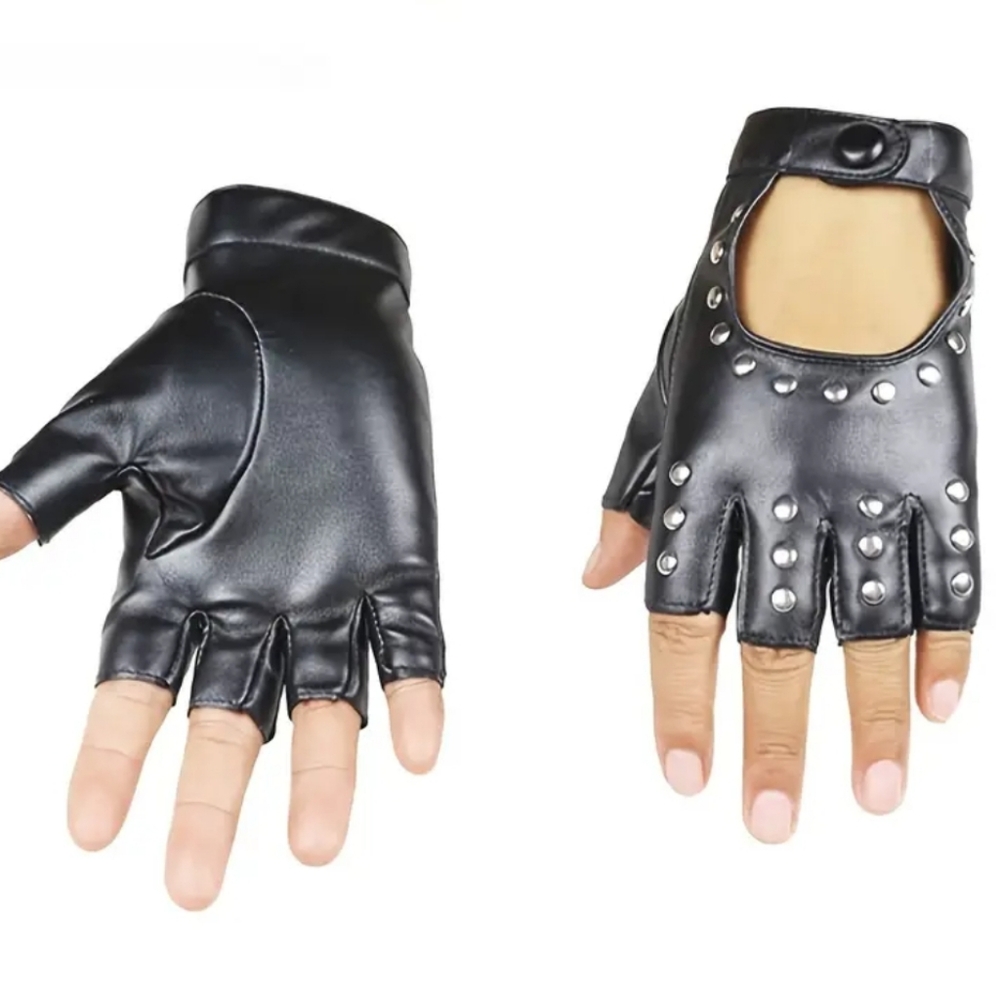Black Faux Leather Studded Fingerless Gloves W/Snap Button Wrist Closure (OS)